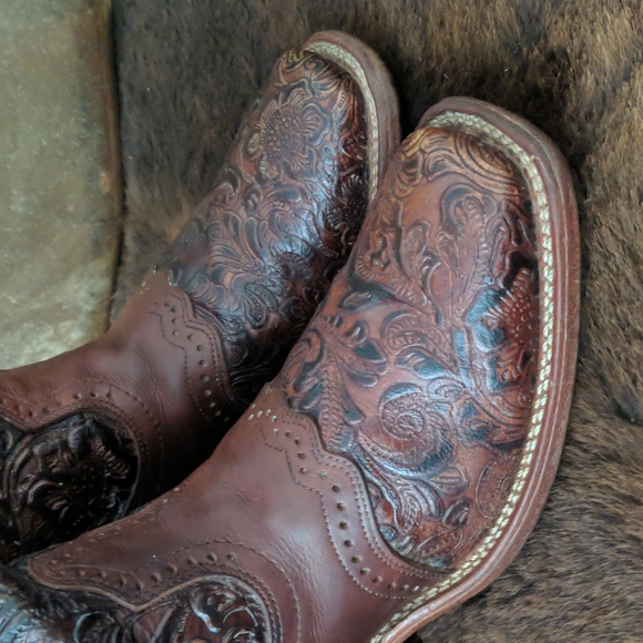 BOULET #2069 hand tooled brown leather square toe cowgirl western boots sz 7 EUC - Picture 11 of 16